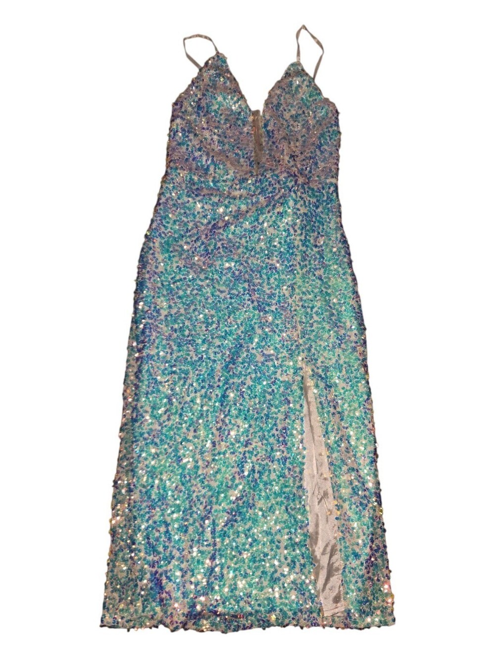 Lulu's Iridescent Aqua Sequin Spaghetti-Strap Dress Size Small